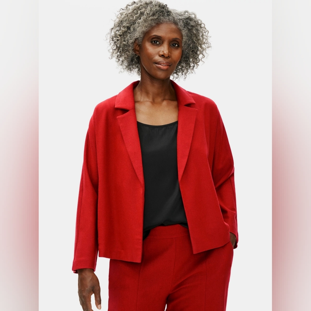 Eileen Fisher Soft Wool Flannel Notch‎ Collar Jacket Tiger Lily Red